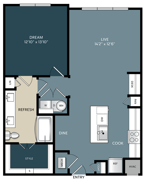 A floor plan of a house with a living room, dining room, kitchen, and bathrooms.